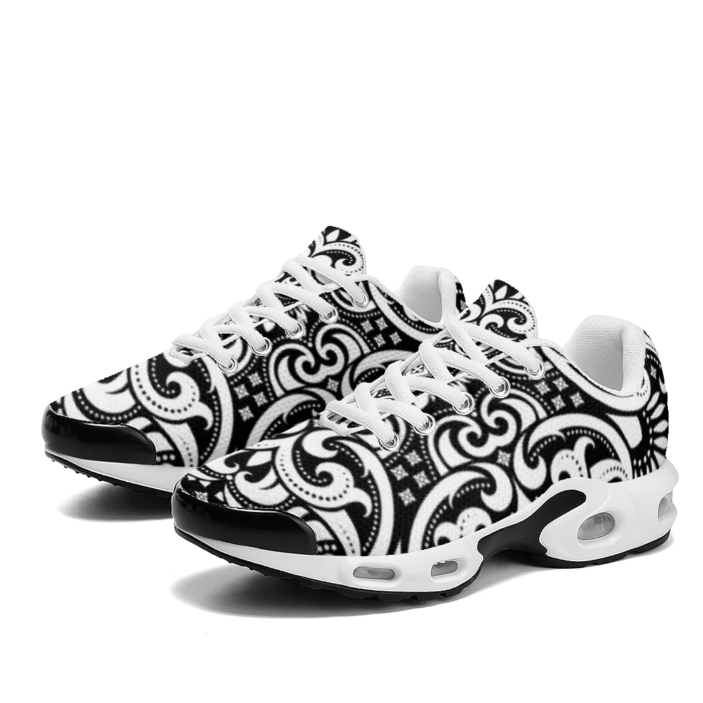 Breathable Mesh Athletic Shoes - ポーランド風の黒と白のストライプ柄カジュアルエアクッションシューズ、通気性のあるメッシュアッパーのアスレチックスニーカー