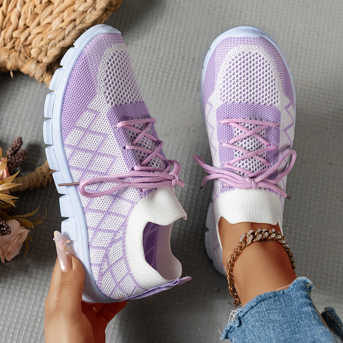 女性用ニットソックススニーカー、菱形パターン通気性軽量快適レ - Knit Fabric Lace Up Sneakers のレビューと価格