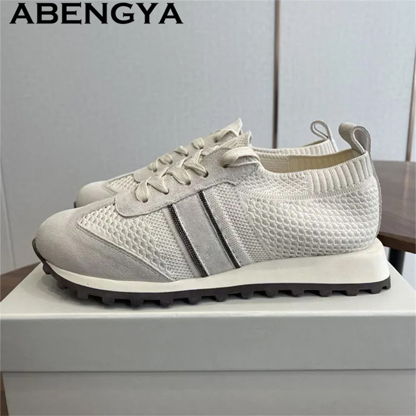 2026年春ホットセール ニットレースアップカジュアルフラッ - Knit Fabric Lace Up Sneakers のレビューと価格