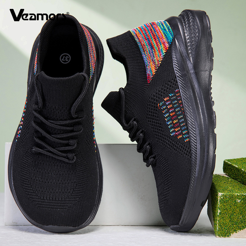 通気性のあるメッシュソックススニーカー、女性用レースアッププ - Knit Fabric Lace Up Sneakers のレビューと価格