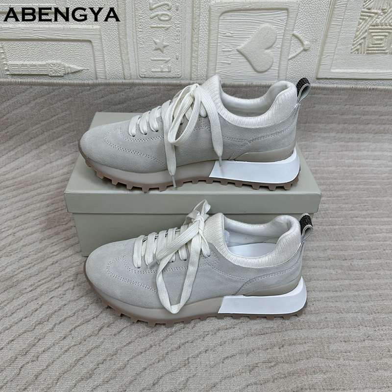 2025年 ホワイト ニット スエード フラット ローファー - Knit Fabric Lace Up Sneakers のレビューと価格